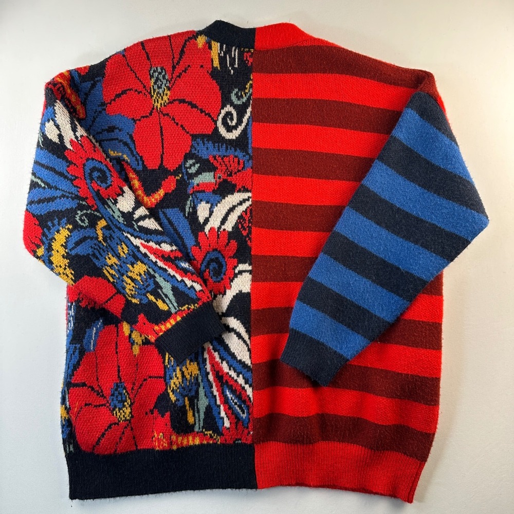 Farm Rio Vintage Forest Cardigan Small Striped Red Blue Sweater Chic Oversized - Picture 9 of 16